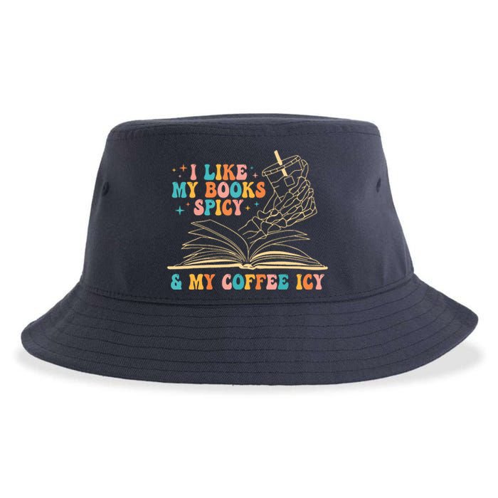 I Like My Books Spicy And My Coffee Icy Skeleton Hand Book Sustainable Bucket Hat