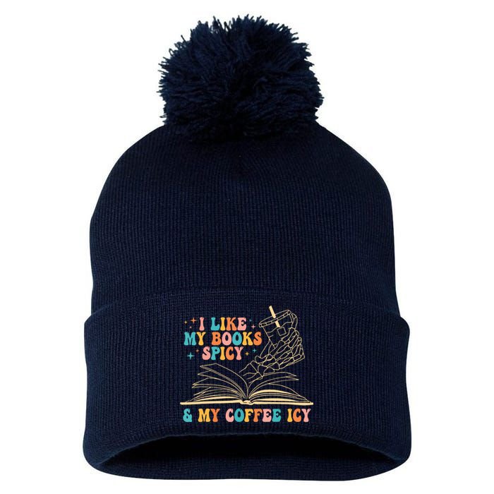 I Like My Books Spicy And My Coffee Icy Skeleton Hand Book Pom Pom 12in Knit Beanie