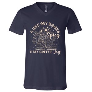 I Like My Books Spicy And My Coffee Icy Skeleton Book Lovers V-Neck T-Shirt