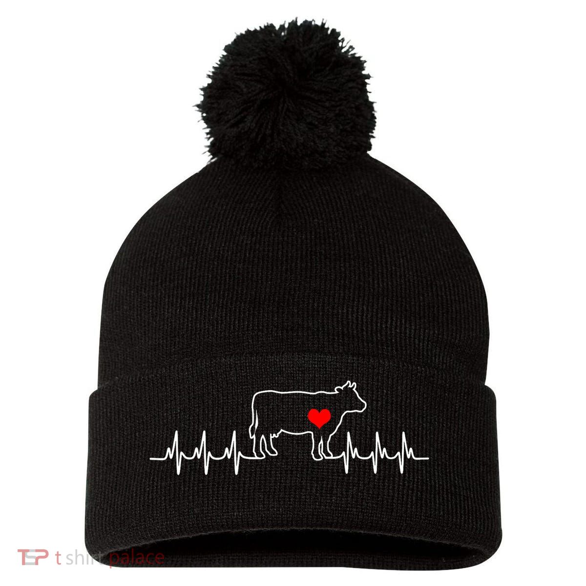 I Love My Cow Valve Ekg Heartbeat Heart Patient Pom Pom 12in Knit Beanie