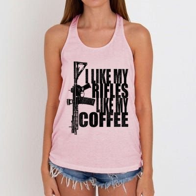 I Like My Rifles Like My Coffee Back Design Gift Women's Knotted Racerback Tank