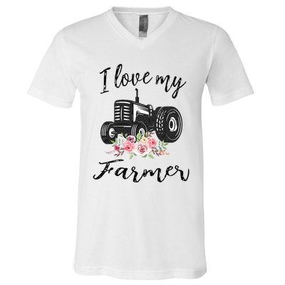 I Love My Farmer Funny Farmer Wife Women Tractor V-Neck T-Shirt