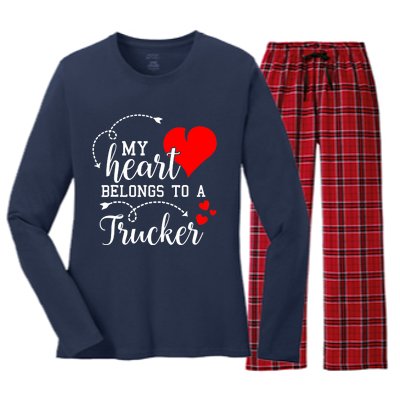 I Love My Trucker Husband Wife Gifts Valentines Day Women's Long Sleeve Flannel Pajama Set 