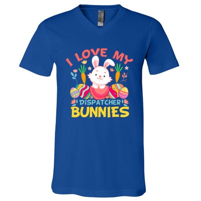 I Love My Dispatcher Bunnies Easter Day Funny Rabbit Gift V-Neck T-Shirt