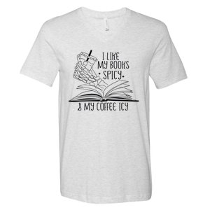 I Like My Books Spicy And My Coffee Icy Skeleton Hand Book Lover V-Neck T-Shirt