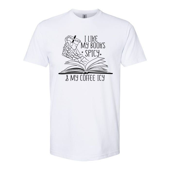 I Like My Books Spicy and My Coffee Icy Skeleton Hand Book Softstyle CVC T-Shirt