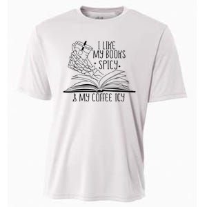 I Like My Books Spicy and My Coffee Icy Skeleton Hand Book Cooling Performance Crew T-Shirt