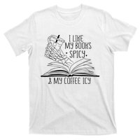 I Like My Books Spicy and My Coffee Icy Skeleton Hand Book T-Shirt