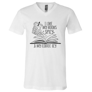 I Like My Books Spicy and My Coffee Icy Skeleton Hand Book V-Neck T-Shirt