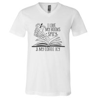 I Like My Books Spicy and My Coffee Icy Skeleton Hand Book V-Neck T-Shirt