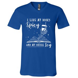 I Like My Books Spicy And My Coffee Icy Skeleton Book Lover Gift V-Neck T-Shirt