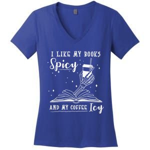 I Like My Books Spicy And My Coffee Icy Skeleton Book Lover Gift Women's V-Neck T-Shirt