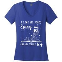 I Like My Books Spicy And My Coffee Icy Skeleton Book Lover Gift Women's V-Neck T-Shirt