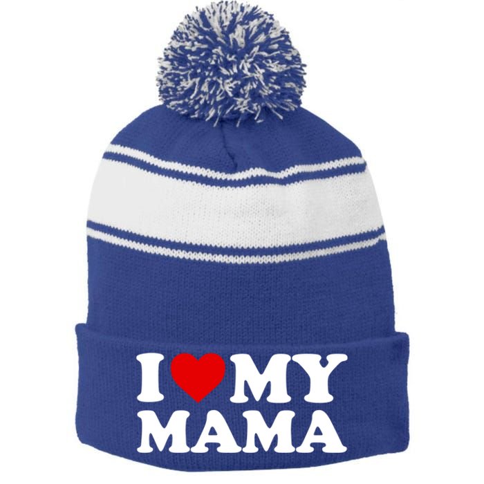 I Love My Mama Mom Gift Red Heart Great Gift Stripe Pom Pom Beanie