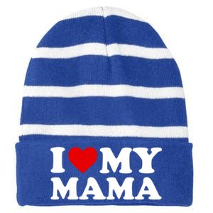 I Love My Mama Mom Gift Red Heart Great Gift Striped Beanie with Solid Band