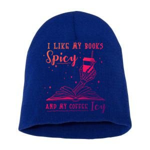 I Like My Books Spicy And My Coffee Icy Skeleton Book Lover Gift Short Acrylic Beanie