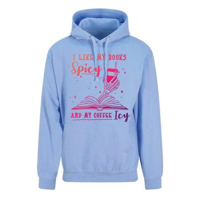 I Like My Books Spicy And My Coffee Icy Skeleton Book Lover Gift Unisex Surf Hoodie