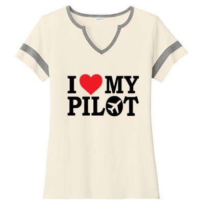 I Love My Pilot Airline Pilot Aviation Aircraft Lover Gift Ladies Halftime Notch Neck Tee