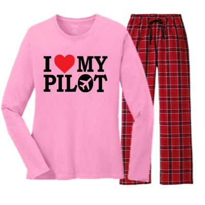 I Love My Pilot Airline Pilot Aviation Aircraft Lover Gift Women's Long Sleeve Flannel Pajama Set 