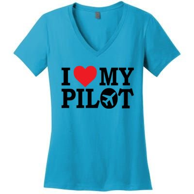 I Love My Pilot Airline Pilot Aviation Aircraft Lover Gift Women's V-Neck T-Shirt