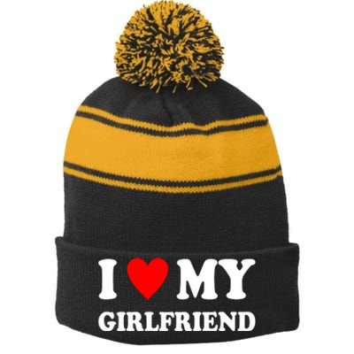 I Love My Girlfriend Heart Boyfriend Couples Stripe Pom Pom Beanie