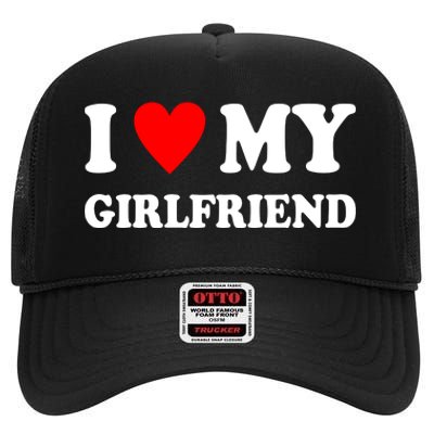 I Love My Girlfriend Heart Boyfriend Couples High Crown Mesh Back Trucker Hat