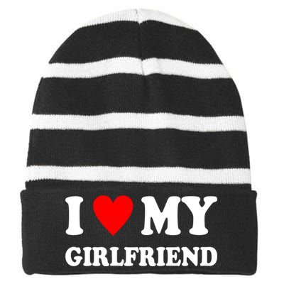 I Love My Girlfriend Heart Boyfriend Couples Striped Beanie with Solid Band