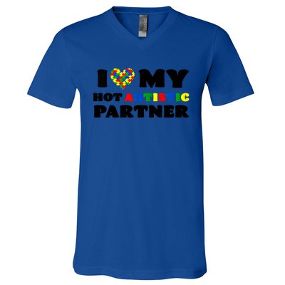 I Love My Hot Autistic Partner Puzzle Piece Heart Autism Meaningful Gift V-Neck T-Shirt