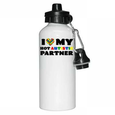 I Love My Hot Autistic Partner Puzzle Piece Heart Autism Meaningful Gift Aluminum Water Bottle 