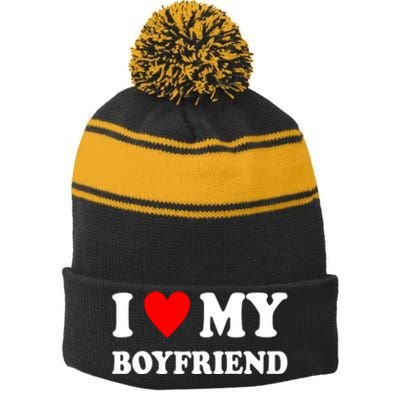 I Love My Boyfriend Heart Girlfriend Couples Stripe Pom Pom Beanie