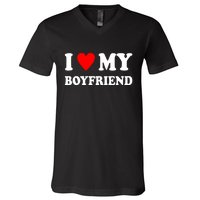 I Love My Boyfriend Heart Girlfriend Couples V-Neck T-Shirt