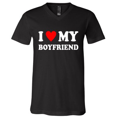 I Love My Boyfriend Heart Girlfriend Couples V-Neck T-Shirt