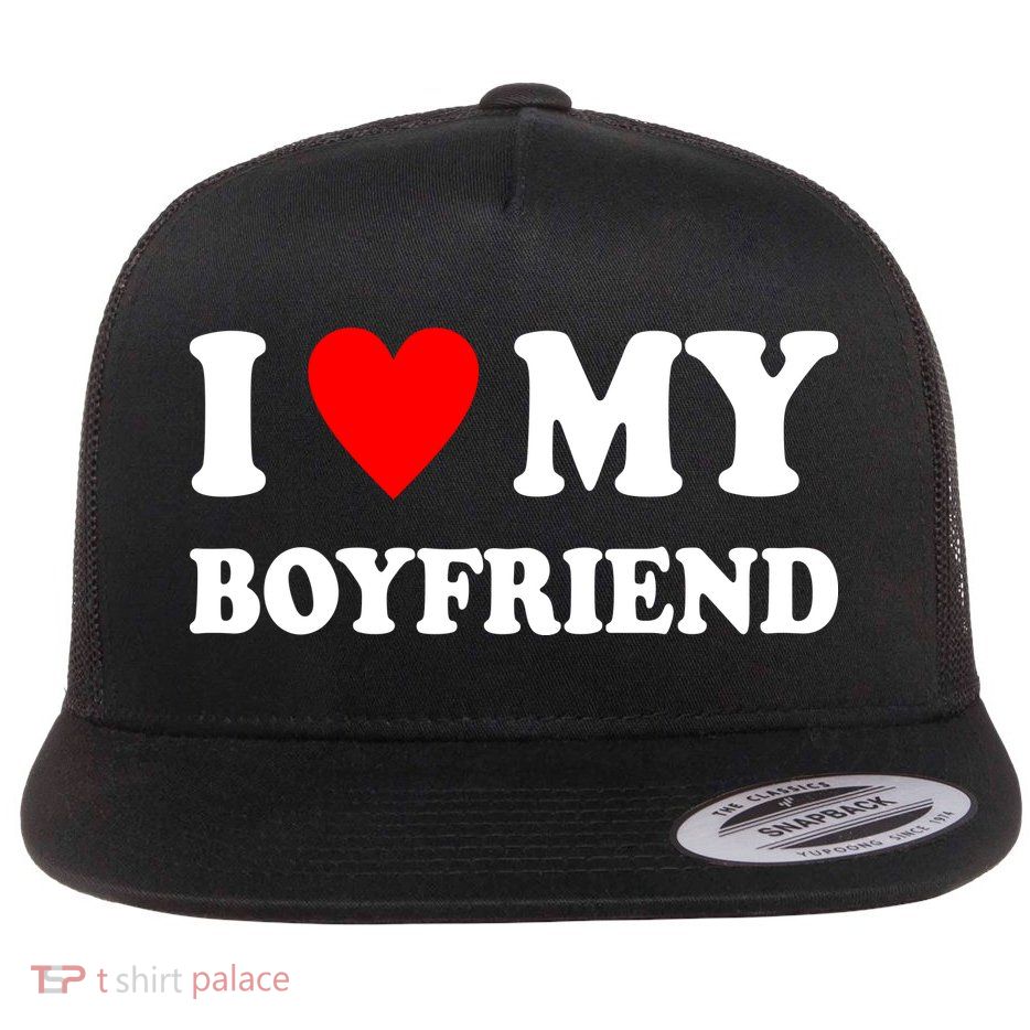 I Love My Boyfriend Heart Girlfriend Couples Flat Bill Trucker Hat
