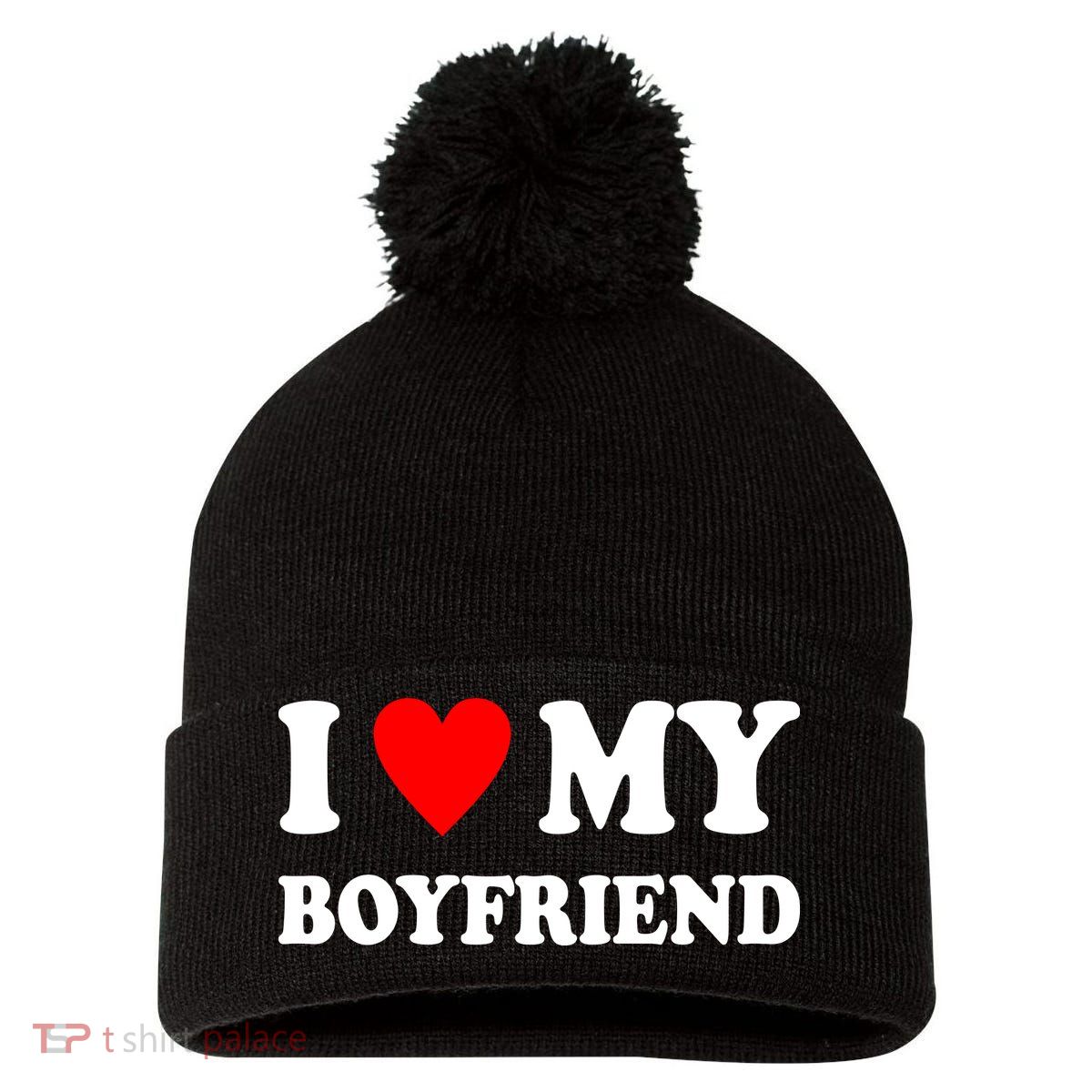 I Love My Boyfriend Heart Girlfriend Couples Pom Pom 12in Knit Beanie