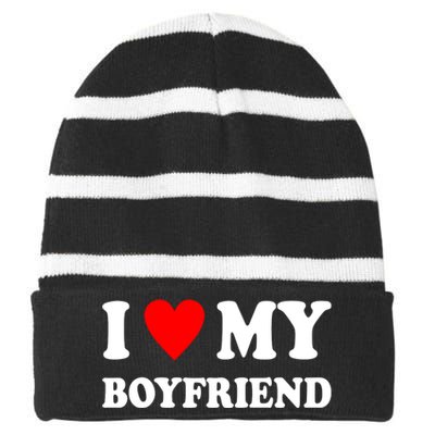 I Love My Boyfriend Heart Girlfriend Couples Striped Beanie with Solid Band