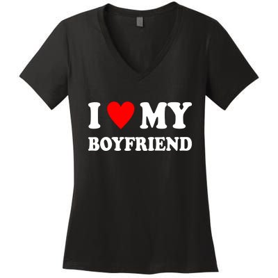 I Love My Boyfriend Heart Girlfriend Couples Women's V-Neck T-Shirt