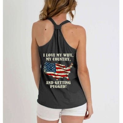 I LOVE MY WIFE MY COUNTRY AND GETTING PEGGED! Women's Knotted Racerback Tank