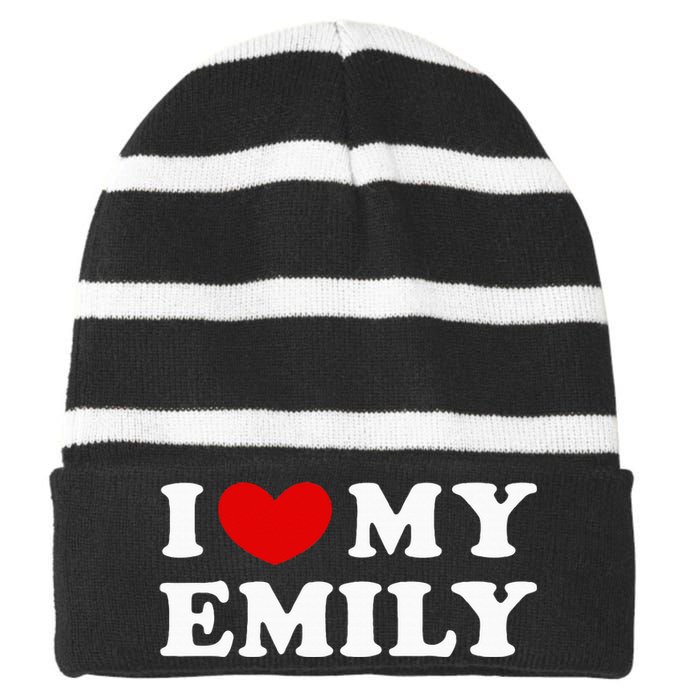 I Love My Emily Striped Beanie with Solid Band