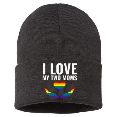 I Love My Two Moms Lesbian LGBT Pride Gifts Sustainable Knit Beanie