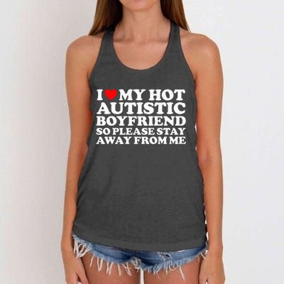 I Love My Autistic Boyfriend So Please Stay Away From Me Women's Knotted Racerback Tank