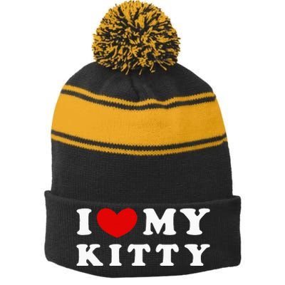 I Love My Kitty Stripe Pom Pom Beanie