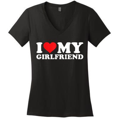 I Love My Girlfriend Tshirt Funny Valentine Red Heart Love Women's V-Neck T-Shirt