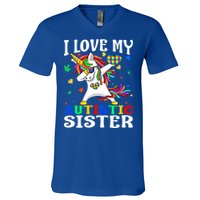 I Love My Autistic Sister Autism Awareness Day Unicorn Funny Gift V-Neck T-Shirt