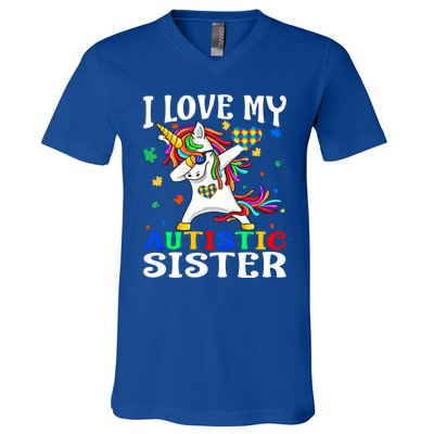 I Love My Autistic Sister Autism Awareness Day Unicorn Funny Gift V-Neck T-Shirt