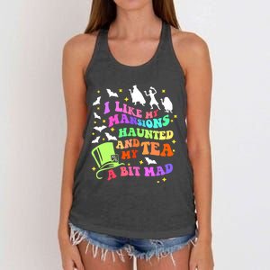 I Like My Mansions Haunted And My Tea A Bit Mad Halloween Women's Knotted Racerback Tank