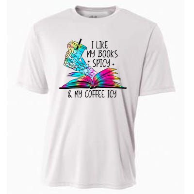 I Like My Books Spicy And My Coffee Icy Skeleton Hand Book Lover Cooling Performance Crew T-Shirt