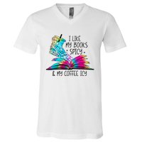 I Like My Books Spicy And My Coffee Icy Skeleton Hand Book Lover V-Neck T-Shirt