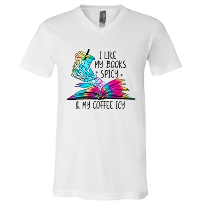 I Like My Books Spicy And My Coffee Icy Skeleton Hand Book Lover V-Neck T-Shirt