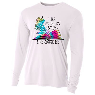 I Like My Books Spicy And My Coffee Icy Skeleton Hand Book Lover Cooling Performance Long Sleeve Crew