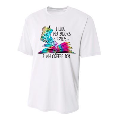 I Like My Books Spicy And My Coffee Icy Skeleton Hand Book Lover Performance Sprint T-Shirt